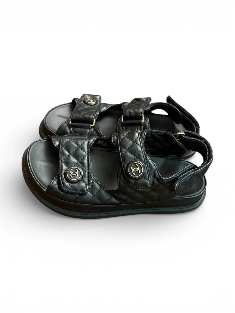 Authentic CHANEL Black Quilted Leather Open-Toe Sandals with Gold CC